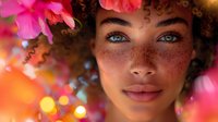 Close-up portrait of young woman with freckles and curly hair surrounded by vibrant pink flowers and warm bokeh light effects.