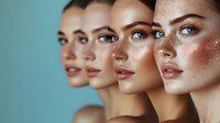 Multiple portraits of young woman with glowing freckled skin, natural makeup and dewy complexion against blue background, beauty concept for skincare and cosmetics.