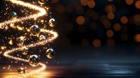 Glowing spiral light trail with shiny Christmas ornaments and bokeh effects against dark background creates magical holiday atmosphere.