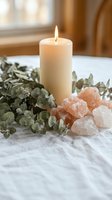Burning candle with rose quartz crystals and eucalyptus leaves on marble surface creating peaceful spa atmosphere for meditation and wellness rituals.