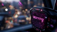 Futuristic car dashboard display showing warning message in neon pink text against dark background with bokeh city lights, modern automotive interface.