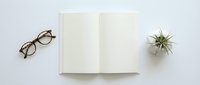 Open blank notebook with clean white pages on minimalist desk workspace with eyeglasses and air plant for creative writing and planning projects.