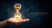 Glowing hourglass floating above open palm against dark background symbolizing time management, deadline pressure, and business productivity concepts.