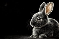 Adorable gray baby rabbit with pink ears sitting on wooden surface against dark background for Easter and spring designs.