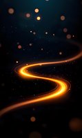 Glowing curved light path with orange luminous trail against dark background, floating bokeh particles create magical atmosphere for fantasy designs.