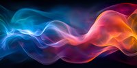 Vibrant colorful smoke waves flowing horizontally with blue, purple, pink and orange hues against black background creating dynamic abstract art composition.
