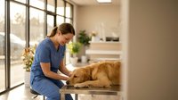 Female veterinarian in blue scrubs examining golden retriever dog on examination table in modern veterinary clinic with natural lighting from large windows.