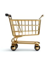 Luxurious golden shopping cart isolated on white background, symbolizing premium retail experience and exclusive commerce for online stores.