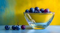 Fresh blueberries in transparent glass bowl against vibrant yellow background, creating colorful contrast for food photography and healthy eating concepts.