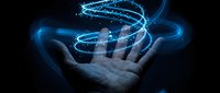 Digital hologram spiral floating above open palm with glowing blue particles and light trails on dark background for futuristic technology concepts.