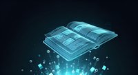 Open book with digital interface and glowing data elements floating upward on dark background. Represents online learning, e-learning, digital education, knowledge sharing, technology in education.