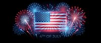 Spectacular fireworks display with American flag celebrating Fourth of July independence day patriotic holiday with colorful pyrotechnics on black background.