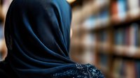 Woman wearing dark hijab shown from behind in library setting with blurred bookshelves background, representing education, knowledge and cultural diversity.
