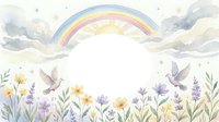Watercolor spring meadow with rainbow, flying birds and wildflowers on white background, isolated nature scene for greeting cards and seasonal designs.