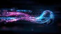 Glowing digital jellyfish with flowing pink and blue light trails against dark background, creating magical underwater atmosphere for technology designs.