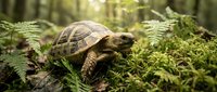 Wild tortoise walking through lush green ferns in natural forest habitat. Wildlife photography showcasing reptile behavior in woodland environment.