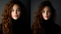 Young woman with curly brown hair wearing black turtleneck sweater against dark background. Professional portrait photography for fashion and beauty concepts.