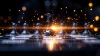 Chess king piece on reflective surface with glowing lights and bokeh effects creating magical atmosphere against dark background. Strategic game concept.