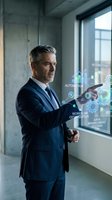 Mature Caucasian businessman in navy suit interacting with holographic automation interface displaying workflow optimization and data management systems.