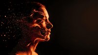 Digital human head profile dissolving into glowing orange particles against dark background for technology and artificial intelligence concepts.