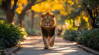 Majestic male lion walking along garden path with golden autumn foliage creating magical atmosphere. Powerful predator in natural environment shows confidence and strength.