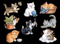 Cute cats and kittens collection isolated on transparent background. Includes tabby, white, orange, and black cats in playful poses with toys, baskets, plants, and butterflies. Ready for t-shirt design, stickers, clipart, sublimation, and print-on-demand products.