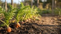 Fresh organic carrots growing in rich dark soil with green leafy tops in sunny vegetable garden bed for healthy farming and sustainable agriculture harvest.