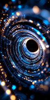 Abstract spiral tunnel with glowing blue and gold particles creating dynamic light trails against dark background, suggesting digital technology and innovation.