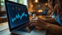 Young woman analyzing financial market data on laptop screen with blue trading chart graph, working late in dimly lit office with bokeh lights background.