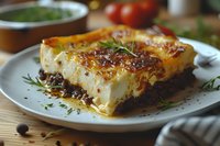 Homemade lasagna slice with melted cheese and herbs on gray plate, close up view showing layers of pasta, meat sauce and ricotta filling. Fresh garnish and bokeh background.