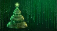Digital Christmas tree made of glowing green binary code matrix with bright star on top against streaming data background for holiday tech designs.