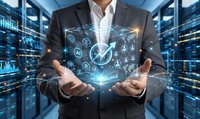 Businessman presenting holographic AI technology interface with digital icons in modern data center server room for innovation and automation solutions.
