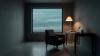 Minimalist workspace with black armchair facing large window overlooking serene ocean horizon at dusk, wooden desk with lamp and decor, modern interior design for office or hospitality.