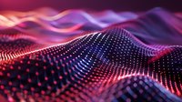 Abstract digital wave pattern with glowing red and purple dots forming dynamic flowing surface against dark background, modern technology visualization.