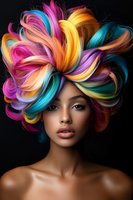 Young African American woman with vibrant rainbow-colored hair styled in artistic waves against dark background, showcasing creative hair artistry and beauty.