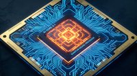 Futuristic computer processor chip with glowing orange core and blue circuit pathways on dark background for technology and electronics projects.
