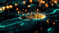 Glowing circular portal with magical golden light particles rising from mysterious opening against dark turquoise background with bokeh effect and depth of field.