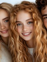 Young woman with natural curly ginger hair, freckles and bright blue eyes smiling at camera. Close up portrait showing genuine happiness and natural beauty.
