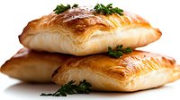 Flaky puff pastry pockets filled with savory ingredients, garnished with fresh parsley on white background. Golden brown baked appetizers for restaurant menu.