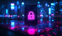 Glowing pink padlock icon on smartphone screen against futuristic circuit board background with neon blue city lights, representing cybersecurity and data protection.