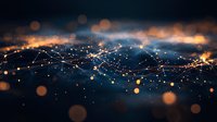 Abstract network of glowing dots and lines against dark background with orange and blue bokeh lights creating futuristic technological connection concept.