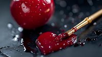 Red heart shape made from melted wax seal with antique fountain pen and red wax stamp on dark background with water drops and dramatic lighting.