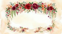 Elegant floral frame with red roses, burgundy blooms, and cascading greenery on cream background. Ornamental border with botanical elements for invitations and celebrations.