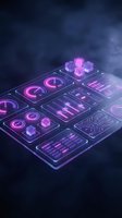 Futuristic holographic control panel with glowing neon pink and purple interface elements, digital gauges, and circuit patterns on dark background for technology and innovation concepts.