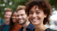 Young woman with curly hair and bright smile leading diverse group of happy friends outdoors, selective focus on foreground. Natural lifestyle portrait for wellness and friendship.