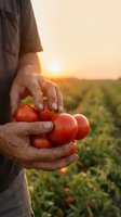 Farmer hands holding fresh red tomatoes at sunset in agricultural field. Organic farming and harvest concept for healthy food production and sustainable agriculture.