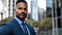 Confident mixed race businessman in navy blue suit and tie standing against urban background with modern office buildings, expressing leadership and success.