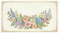 Vintage floral arrangement with roses, hydrangeas, and ferns in soft pastels on cream background with ornate gold border frame.