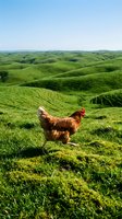 Free-range hen grazing on lush green rolling hills under clear blue sky. Organic farming and sustainable agriculture concept for rural lifestyle content.