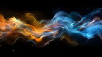 Vibrant orange and blue smoke waves collide in cosmic space, creating dynamic flowing abstract shapes against dark starry background. Artistic design element.